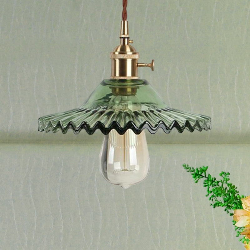 Industrial Brass 1-Light Hanging Pendant With Scalloped Black/White/Green Glass Perfect For Dining