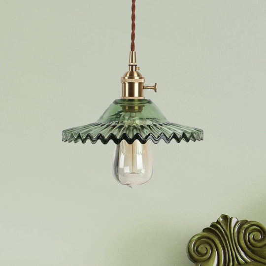 Industrial Brass Scalloped Pendant Light with Glass Shade - 1-Light Hanging Ceiling Fixture for Dining Room - Black/White/Green Design