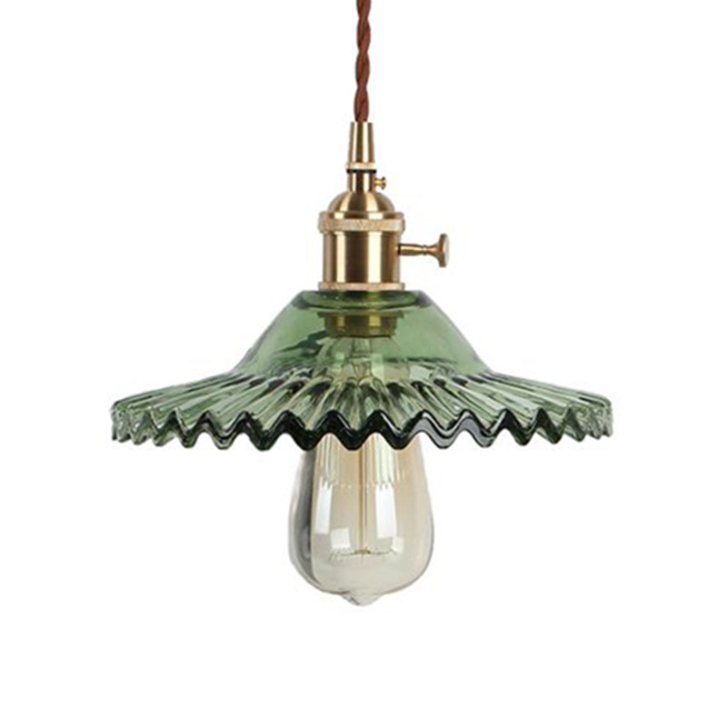 Industrial Brass Scalloped Pendant Light with Glass Shade - 1-Light Hanging Ceiling Fixture for Dining Room - Black/White/Green Design