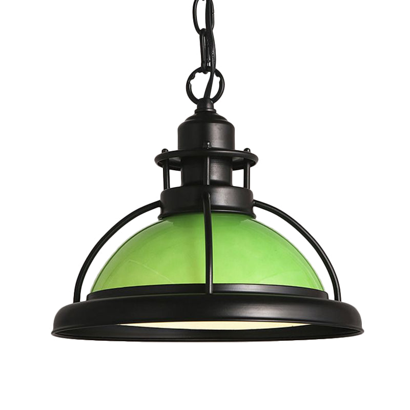 Vintage Glass Dome Pendant Ceiling Light - Black One Light with White/Green Finish for Dining Room