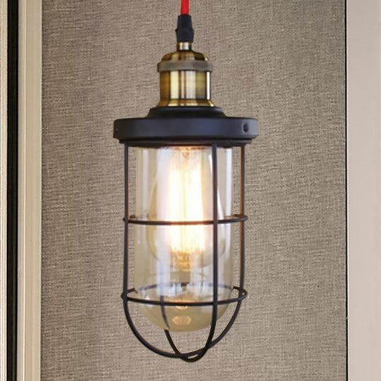 Coastal Caged Lantern Hanging Lamp With Clear Glass For Coffee Shop - Black