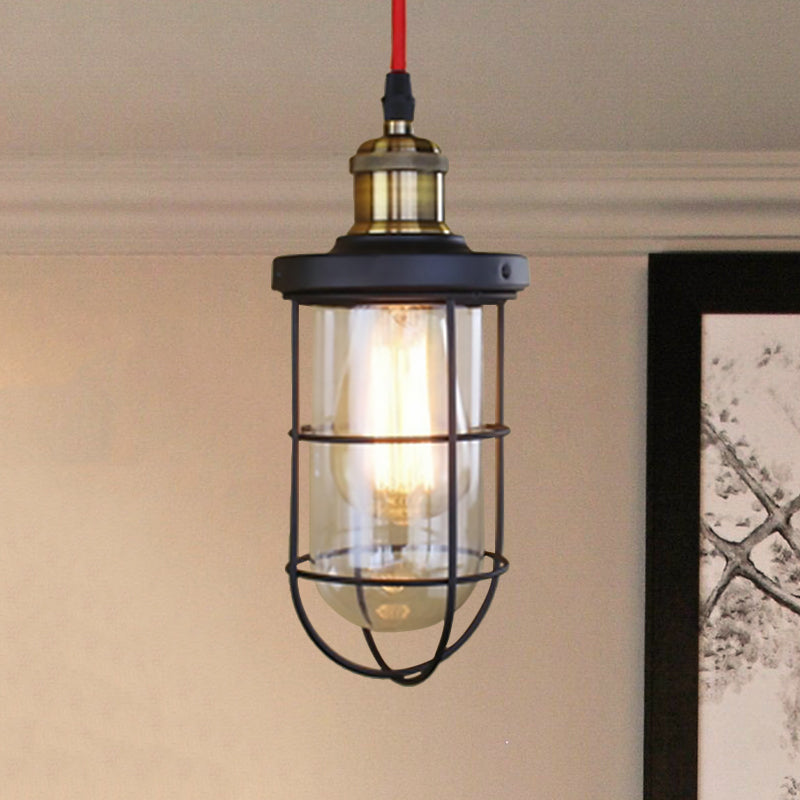 Coastal Caged Lantern Ceiling Pendant Light - Clear Glass Hanging Lamp for Coffee Shop in Black