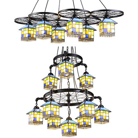 Colorful House Pendant Lamp - Black Finish, Tiffany Glass Chandelier, 6/10 Lights with Wheel for Villas