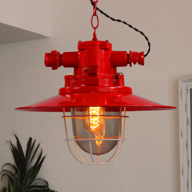 Industrial Single-Light Hanging Ceiling Pendant with Clear Glass Cone Shade in White/Red/Rust Tones