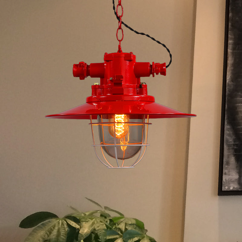 Industrial Single-Light Hanging Ceiling Pendant with Clear Glass Cone Shade in White/Red/Rust Tones