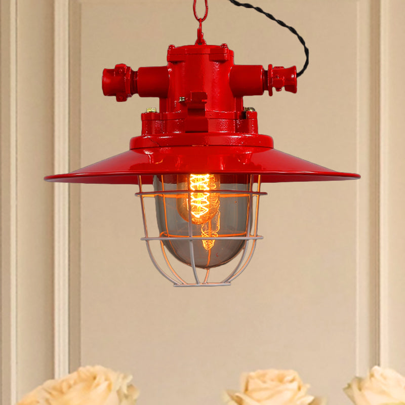 Industrial Single-Light Hanging Ceiling Pendant with Clear Glass Cone Shade in White/Red/Rust Tones