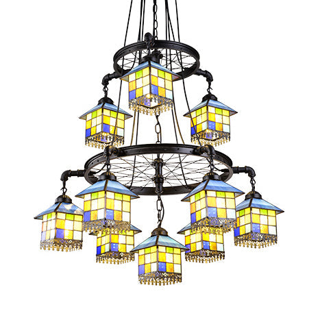 Colorful House Pendant Lamp - Black Finish, Tiffany Glass Chandelier, 6/10 Lights with Wheel for Villas