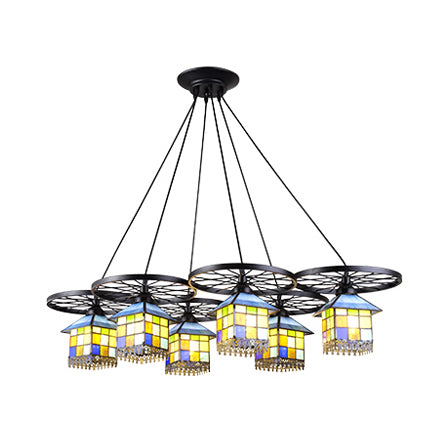 Colorful House Pendant Lamp - Black Finish, Tiffany Glass Chandelier, 6/10 Lights with Wheel for Villas