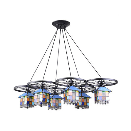 Colorful House Pendant Lamp - Black Finish, Tiffany Glass Chandelier, 6/10 Lights with Wheel for Villas