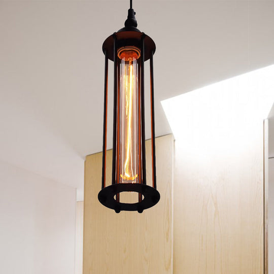 Industrial Metal Cage Pendant Light with Black/Bronze Finish - Bedroom hanging lamp fixture