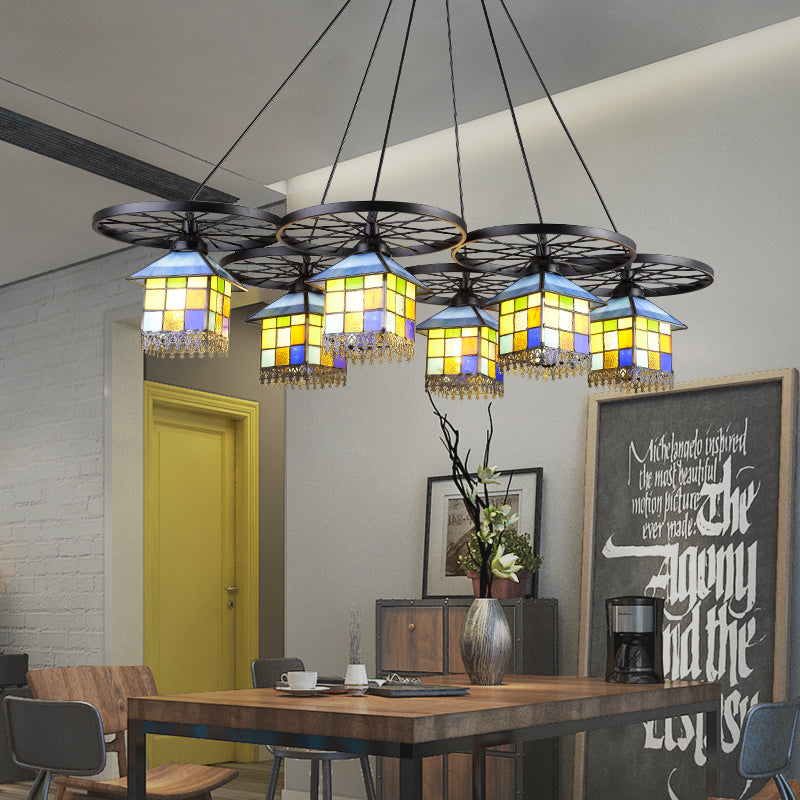 Colorful House Pendant Lamp - Black Finish, Tiffany Glass Chandelier, 6/10 Lights with Wheel for Villas