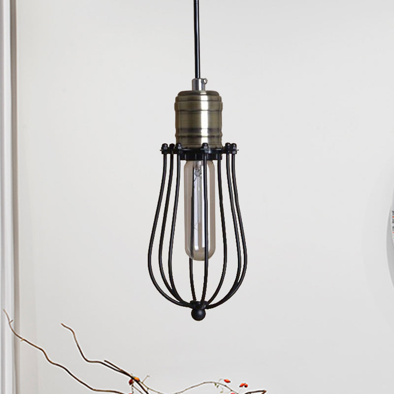 Industrial Black Metal Mini Ceiling Pendant Light - Stylish Cage Design For Bedroom