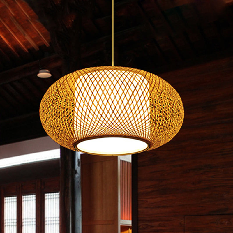 Asian Single Head Bamboo Lantern Suspended Light With Fabric Cylinder Shade