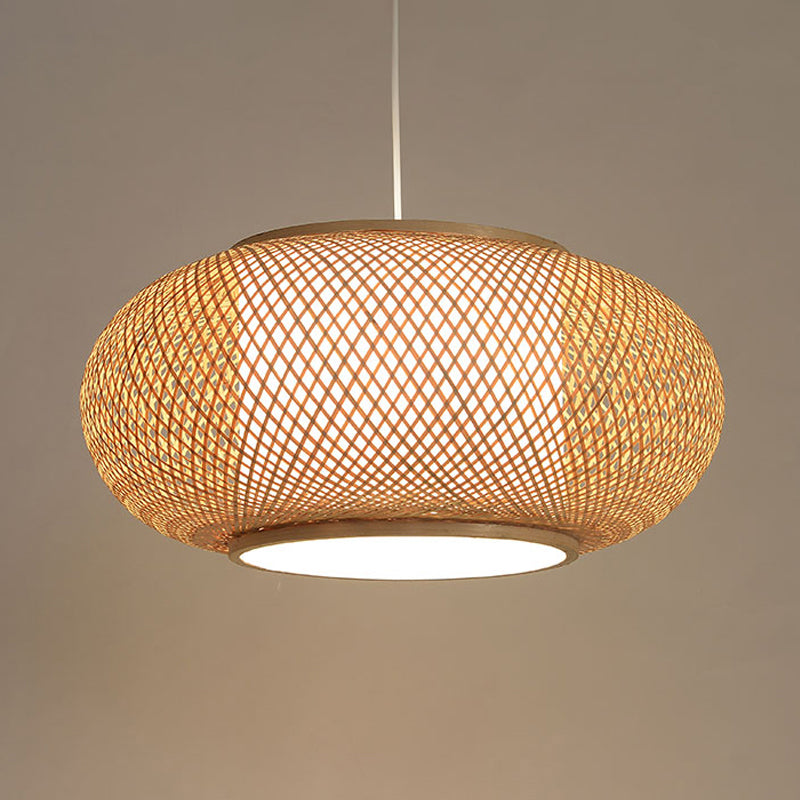 Asian Single Head Bamboo Lantern Suspended Light With Fabric Cylinder Shade