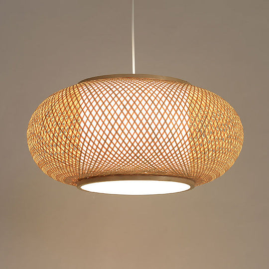 Asian Single Head Bamboo Lantern Suspended Light With Fabric Cylinder Shade