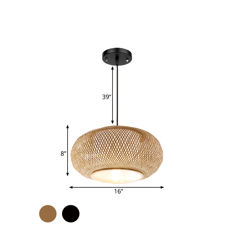 Asian Single Head Bamboo Lantern Suspended Light With Fabric Cylinder Shade