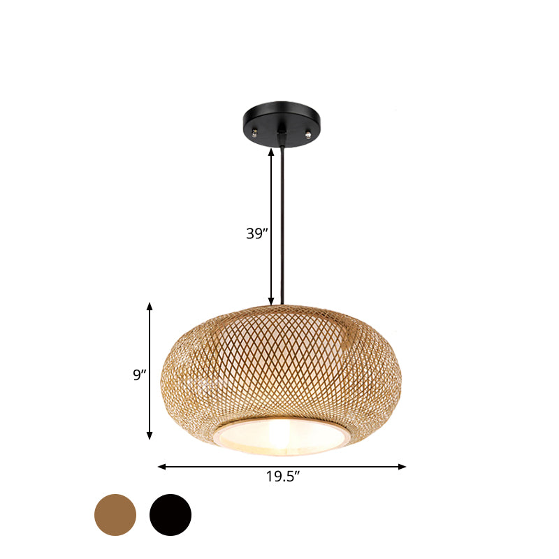 Asian Single Head Bamboo Lantern Suspended Light With Fabric Cylinder Shade