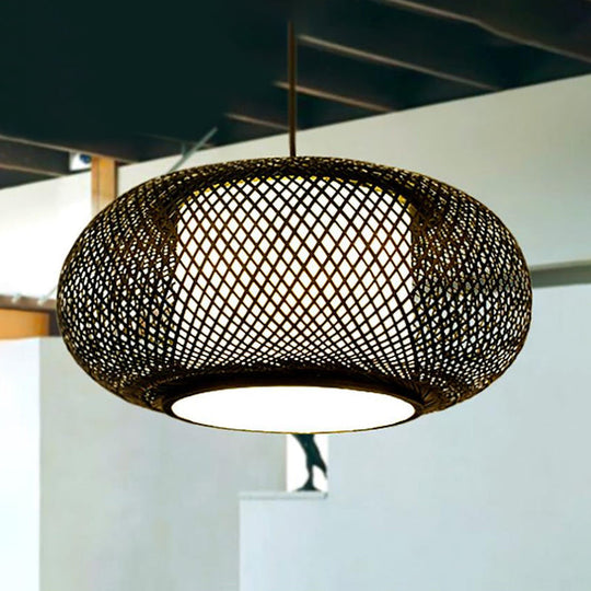 Asian Single Head Bamboo Lantern Suspended Light With Fabric Cylinder Shade