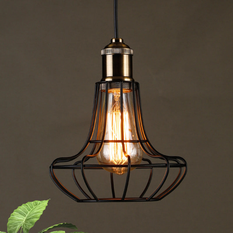 Antique Style Black Head Vase Cage Pendant Light for Bar with Metallic Finish, 6"/7.5" Width