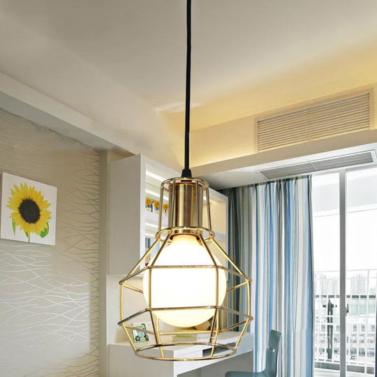 Modern Silver/Gold Metal Ceiling Fixture with Cage Shade - Stylish Loft Hanging Lamp for Coffee Shops