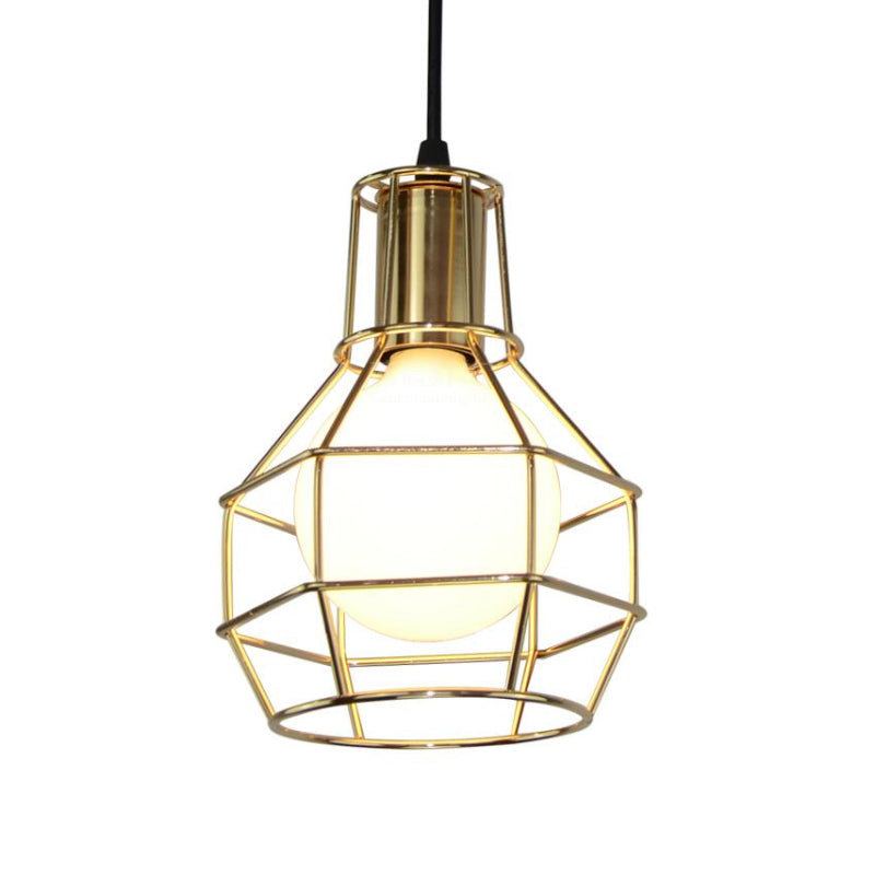 Modern Silver/Gold Metal Ceiling Fixture with Cage Shade - Stylish Loft Hanging Lamp for Coffee Shops