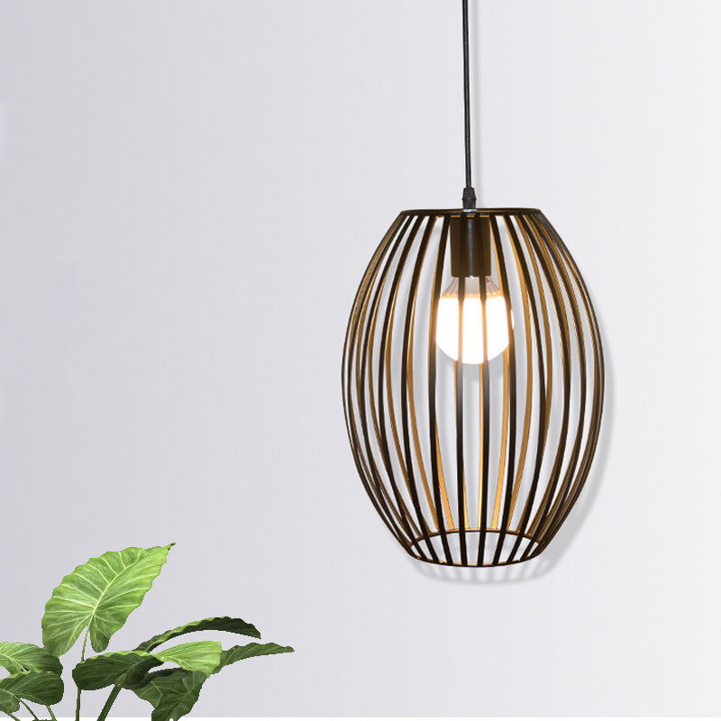 Black Retro Style Hanging Pendant Light With Metal Oval Cage Shade - Bedroom Ceiling Fixture