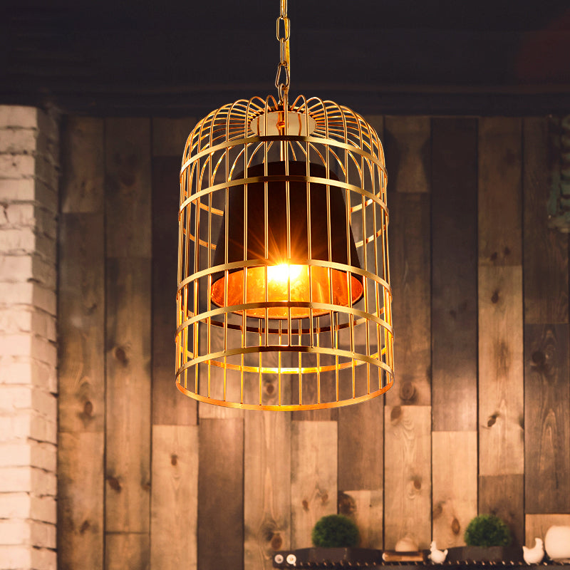 Vintage Metal Bird Cage Pendant Light with Tapered Fabric Shade - Red/White 1-Light Hanging Lamp for Dining Room