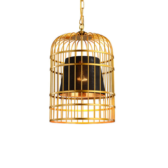 Vintage Metal Bird Cage Pendant Light with Tapered Fabric Shade - Red/White 1-Light Hanging Lamp for Dining Room