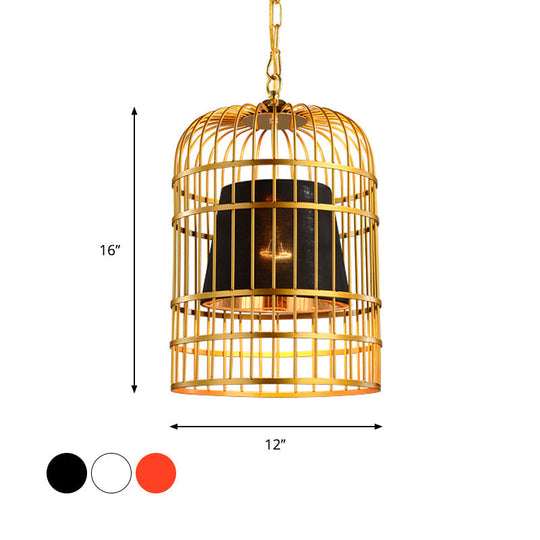 Vintage Metal Bird Cage Pendant Light with Tapered Fabric Shade - Red/White 1-Light Hanging Lamp for Dining Room