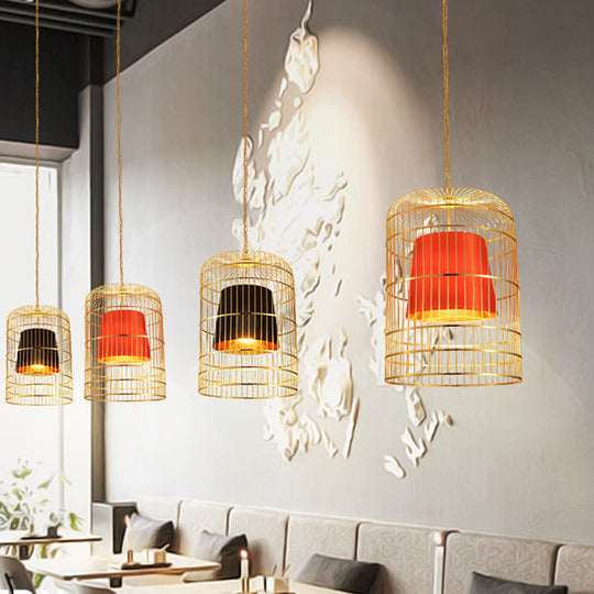 Vintage Metal Bird Cage Pendant Light with Tapered Fabric Shade - Red/White 1-Light Hanging Lamp for Dining Room