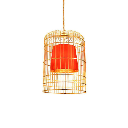 Vintage Metal Bird Cage Pendant Light with Tapered Fabric Shade - Red/White 1-Light Hanging Lamp for Dining Room