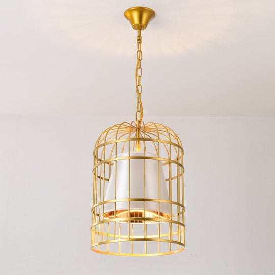 Vintage Metal Bird Cage Pendant Light with Tapered Fabric Shade - Red/White 1-Light Hanging Lamp for Dining Room