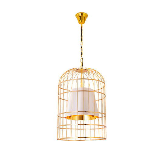 Vintage Metal Bird Cage Pendant Light with Tapered Fabric Shade - Red/White 1-Light Hanging Lamp for Dining Room