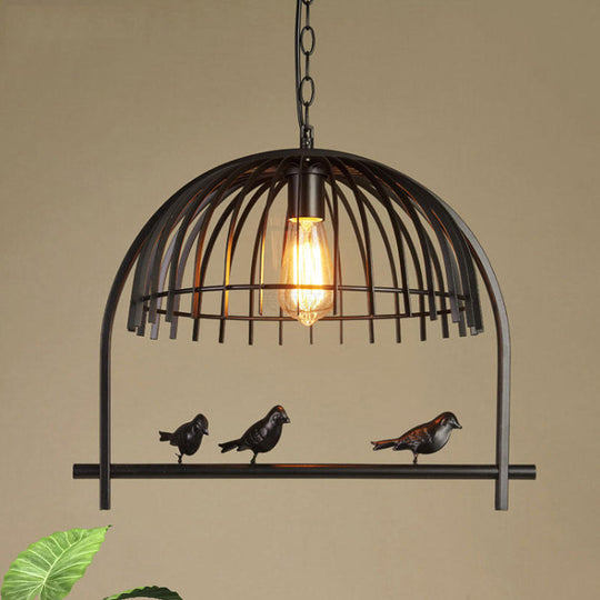 Lodge Style Birdcage Hanging Light Fixture - Iron Pendant with Dome Shade in Rust/Black