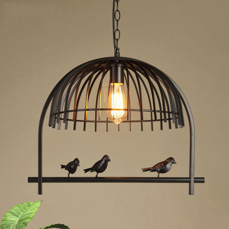 Lodge Style Hanging Birdcage Pendant Light Fixture With Iron Dome Shade - Rust/Black Black