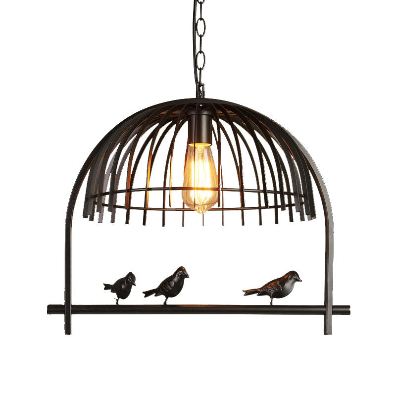 Lodge Style Birdcage Hanging Light Fixture - Iron Pendant with Dome Shade in Rust/Black