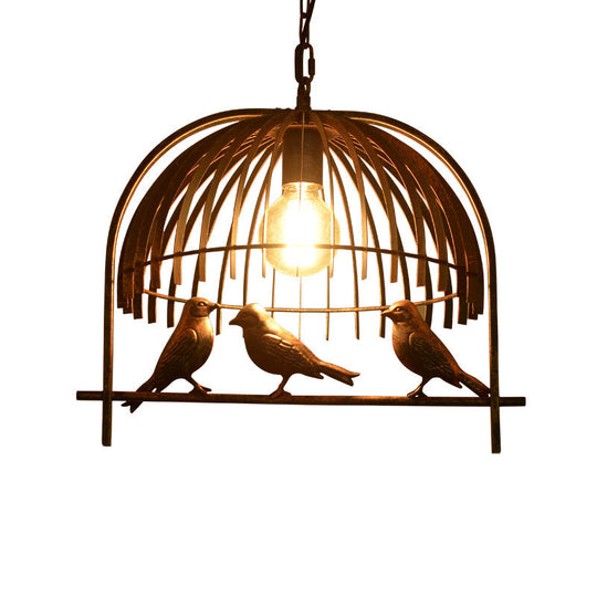 Lodge Style Birdcage Hanging Light Fixture - Iron Pendant with Dome Shade in Rust/Black