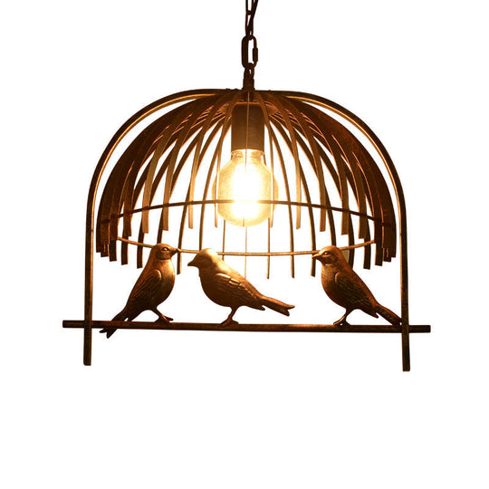 Lodge Style Hanging Birdcage Pendant Light Fixture With Iron Dome Shade - Rust/Black