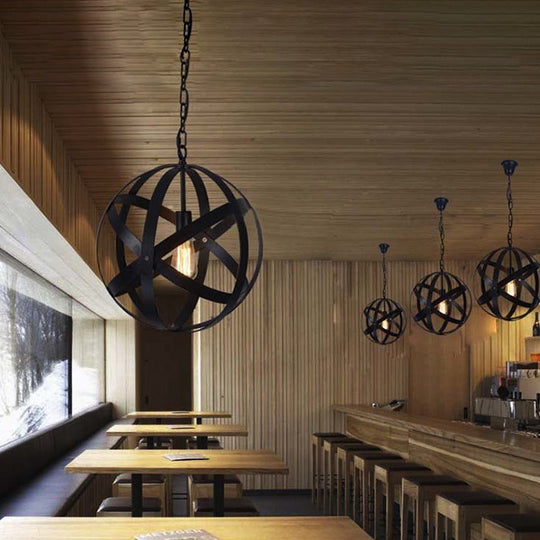 Industrial Black Metallic Pendant Lamp With Wire Guard 1 Light Spherical Hanging Ceiling For Living