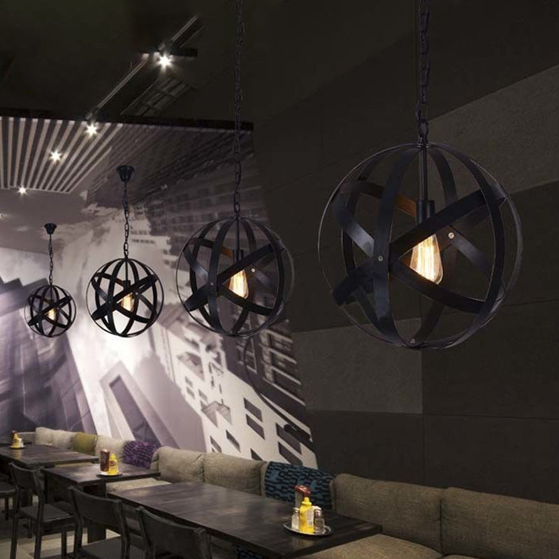 Industrial Black Metallic Pendant Lamp With Wire Guard 1 Light Spherical Hanging Ceiling For Living