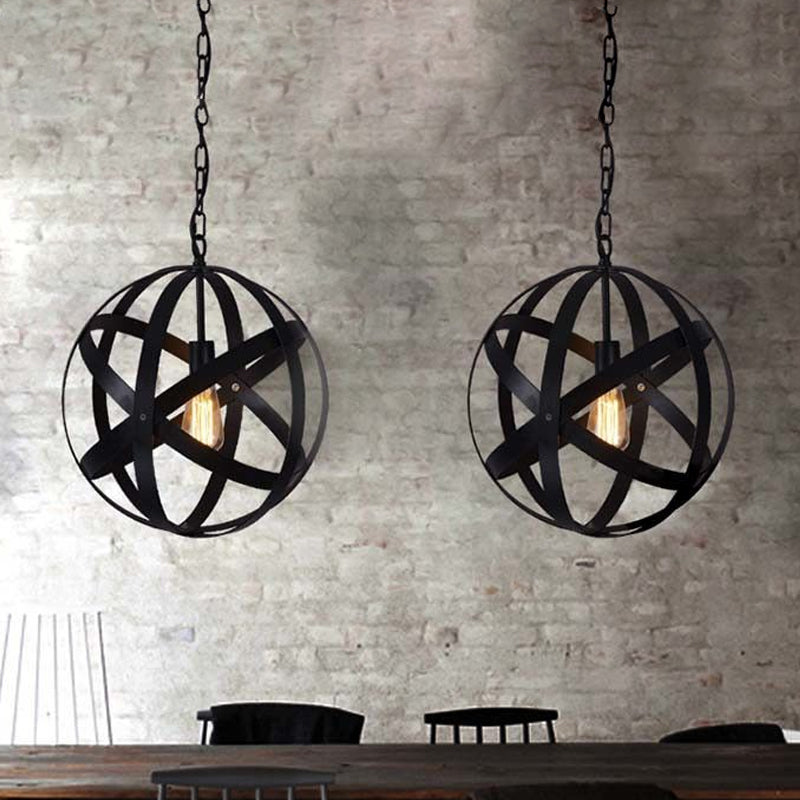 Spherical Industrial Black Metallic Pendant Lamp with Wire Guard - 1 Light Hanging Ceiling Light for Living Room