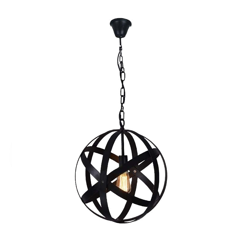 Spherical Industrial Black Metallic Pendant Lamp with Wire Guard - 1 Light Hanging Ceiling Light for Living Room