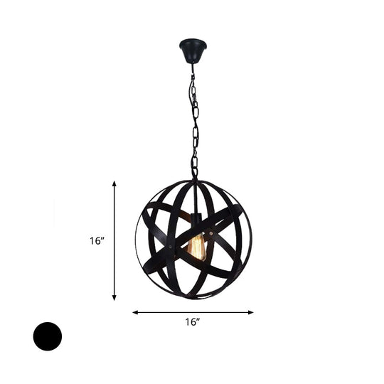 Spherical Industrial Black Metallic Pendant Lamp with Wire Guard - 1 Light Hanging Ceiling Light for Living Room