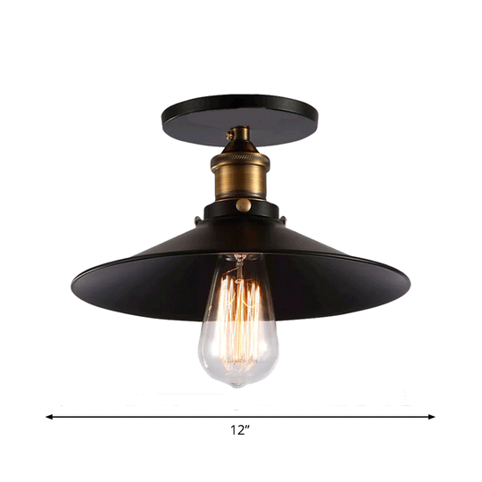 Iron Saucer Farmhouse Ceiling Mount Lamp - 1-Bulb Semi Flush Light Fixture In Black 8.5/10/12 Width