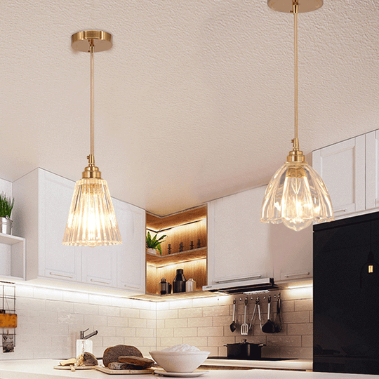 Clear Glass Bud Kitchen Pendant Light with Brass Suspension