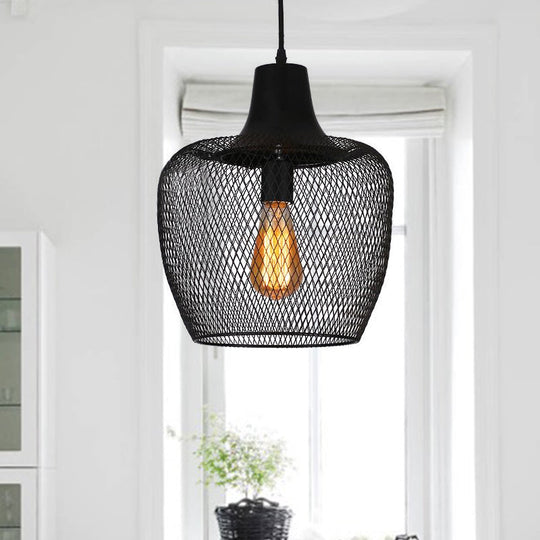 Industrial Single-Light Black Mesh Bowl Pendant Lamp for Dining Room