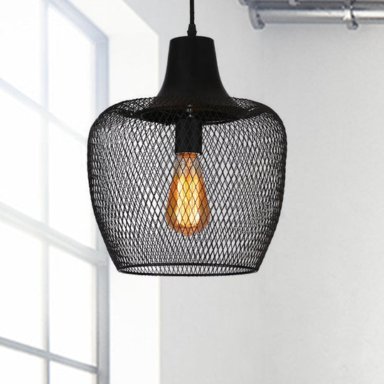 Industrial Single-Light Black Mesh Bowl Pendant Lamp for Dining Room