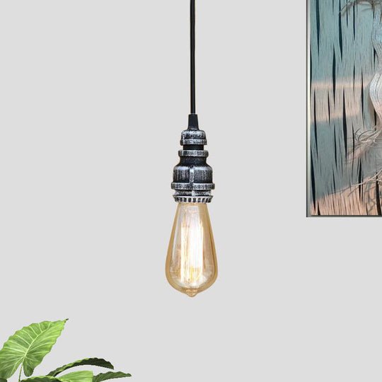 Metal Adjustable Hanging Lamp with Open Bulb - Industrial Stylish Ceiling Fixture (Black/Silver)