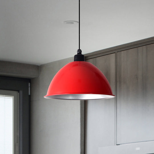 Industrial Style Domed Aluminum Ceiling Fixture - 12.5"/14" - Corded Hanging Lamp in Black/Red