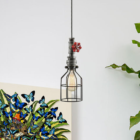 Antique Style Caged Pendant Light with Water Valve and Pipe - Grey Finish